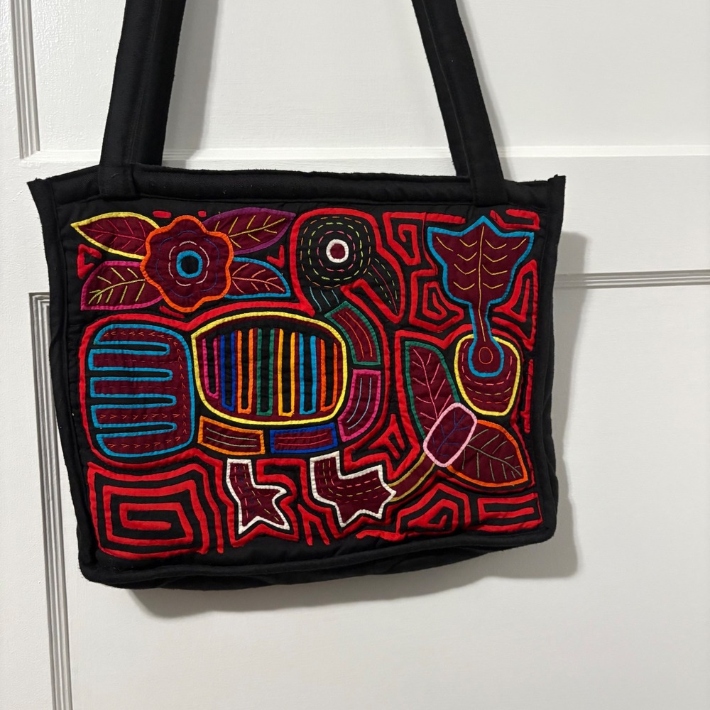 Handmade Mola Art Tote Bag Black Quilted Shoulder Bag Bird Floral Embroider Folk